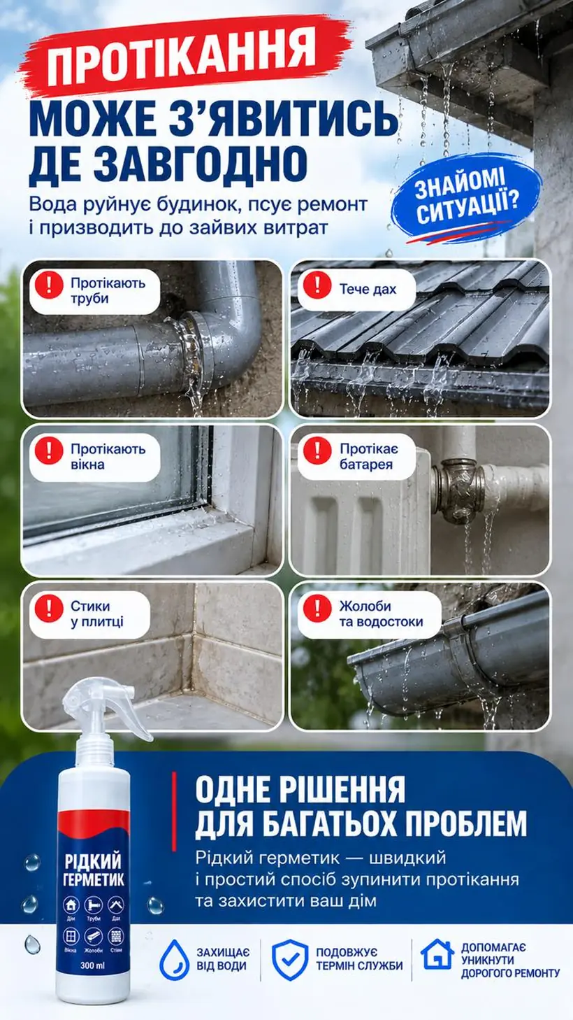 Протікають труби, тече дах, протікають вікна, батарея, стики у плитці, жолоби та водостоки