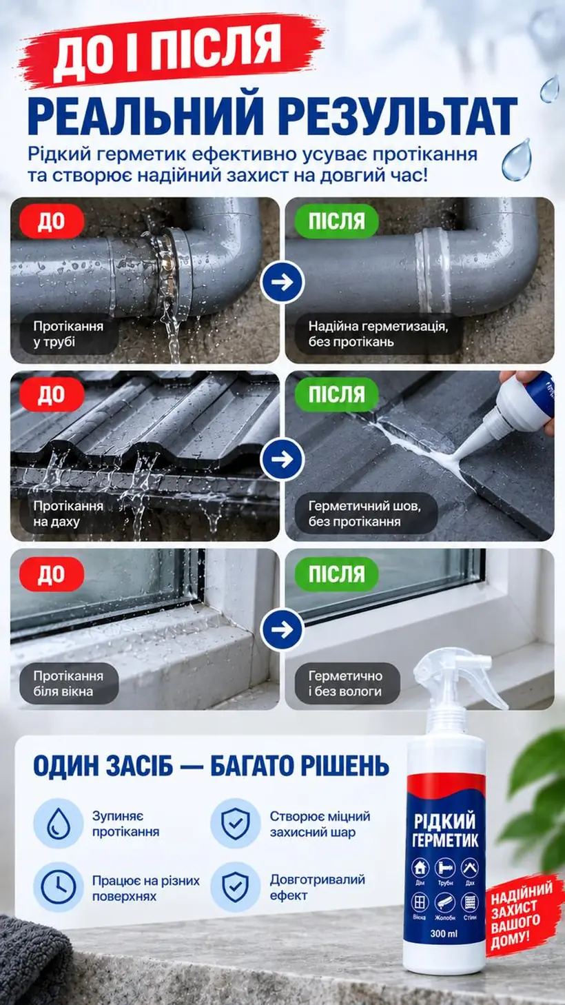 До і після: протікання у трубі, на даху та біля вікна — після обробки герметично і без вологи