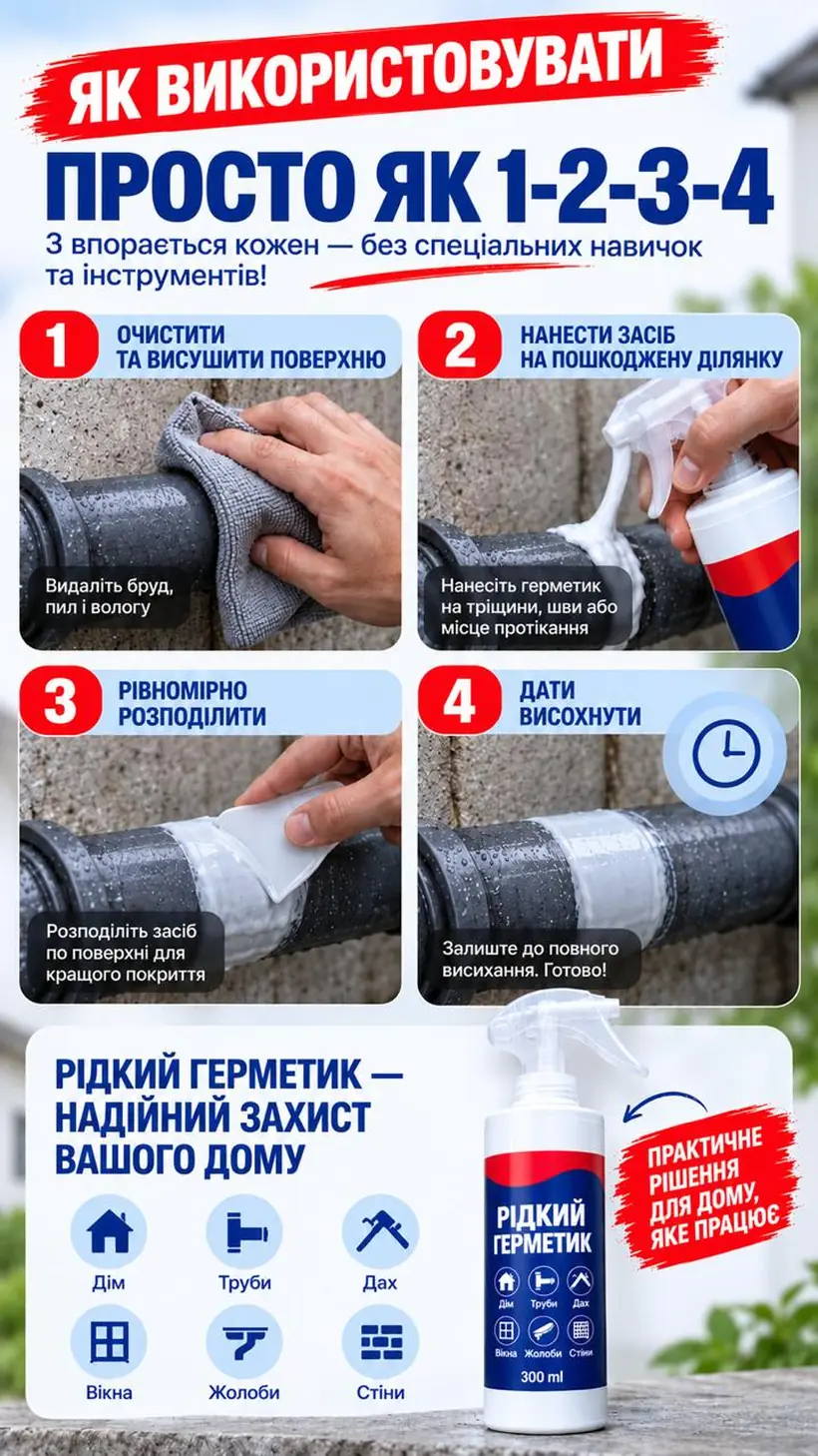 Як використовувати: очистити та висушити поверхню, нанести засіб, рівномірно розподілити, дати висохнути