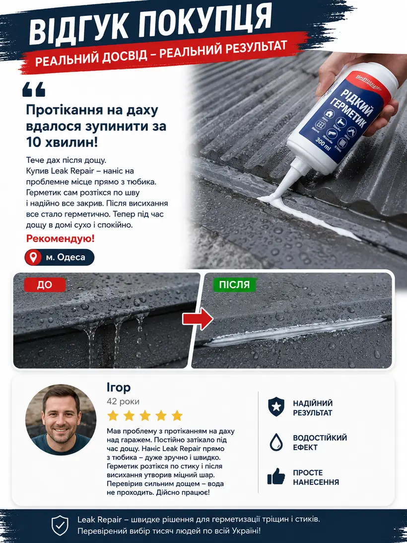 Відгук покупця: Ігор, 42 роки, м. Одеса — зупинив протікання на даху за 10 хвилин