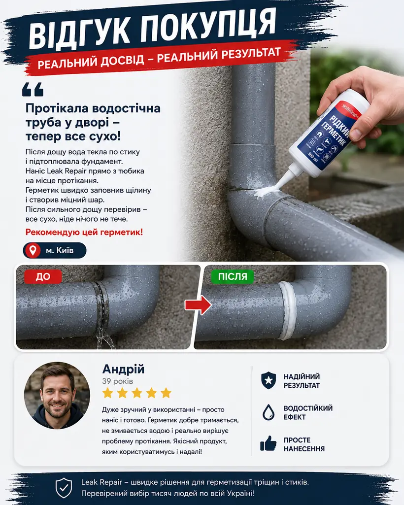 Відгук покупця: Андрій, 39 років, м. Київ — протікала водостічна труба у дворі, тепер сухо